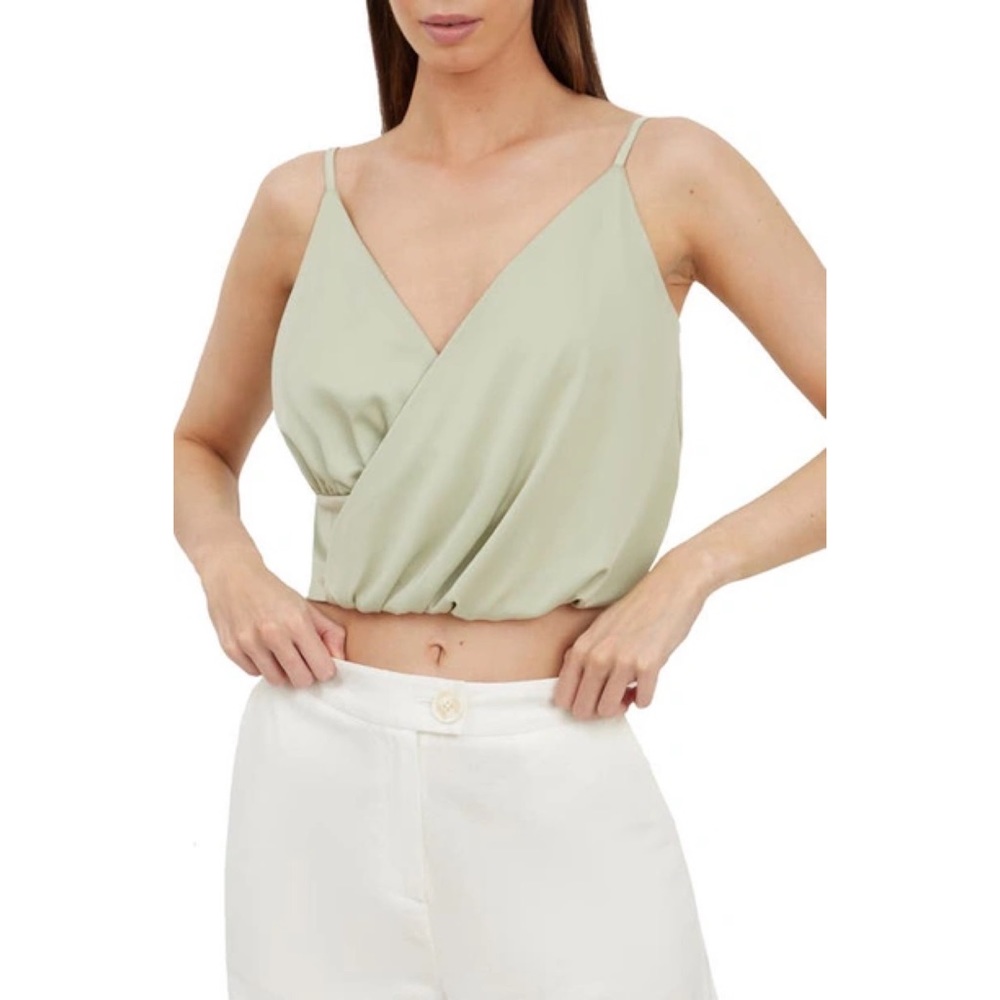 4th & Reckless Mint Rosaria Silky Surplice Crop Camisole, M - Picture 1 of 7